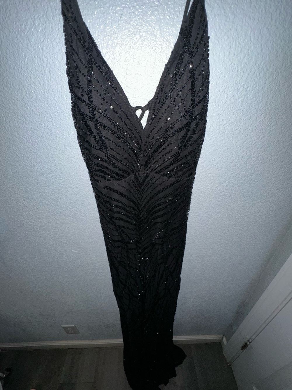 Maya Black Beaded Plunge V-Neck Evening Gown